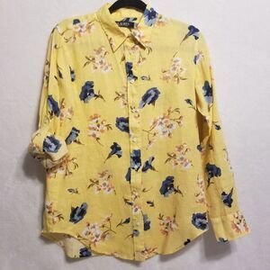 Lauren Ralph Lauren M Top Linen Button Front Yellow Floral Cottagecore Preppy